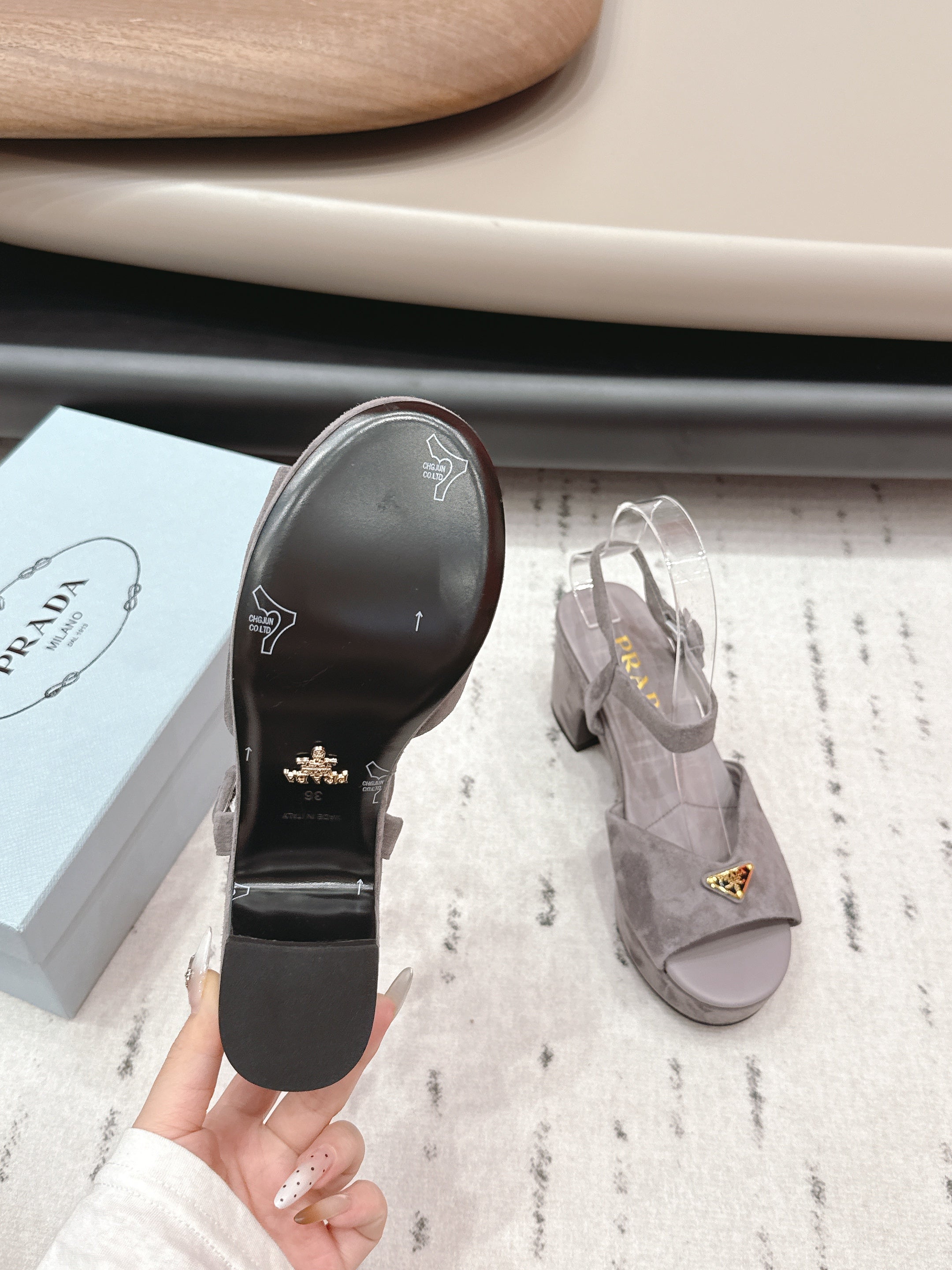 PRADA 26S HEELED SANDALS 75MM IN TAUPE BROWN SUEDE WITH LOGO