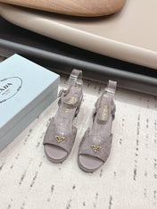 PRADA 26S HEELED SANDALS 75MM IN TAUPE BROWN SUEDE WITH LOGO