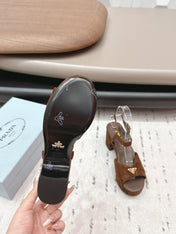 PRADA 26S HEELED SANDALS 75MM IN CARAMEL BROWN SUEDE WITH LOGO