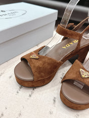 PRADA 26S HEELED SANDALS 75MM IN CARAMEL BROWN SUEDE WITH LOGO