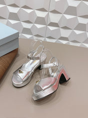 PRADA 26S HEELED SANDALS 75MM IN SILVER CALFSKIN WITH LOGO