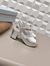 PRADA 26S HEELED SANDALS 75MM IN SILVER CALFSKIN WITH LOGO