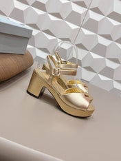 PRADA 26S HEELED SANDALS 75MM IN GOLD CALFSKIN WITH LOGO