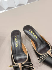 PRADA 26S POINTED TOE LACE TRIM MULES 55MM IN BLACK CALFSKIN WITH BOW