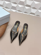 PRADA 26S POINTED TOE LACE TRIM MULES 55MM IN BLACK CALFSKIN