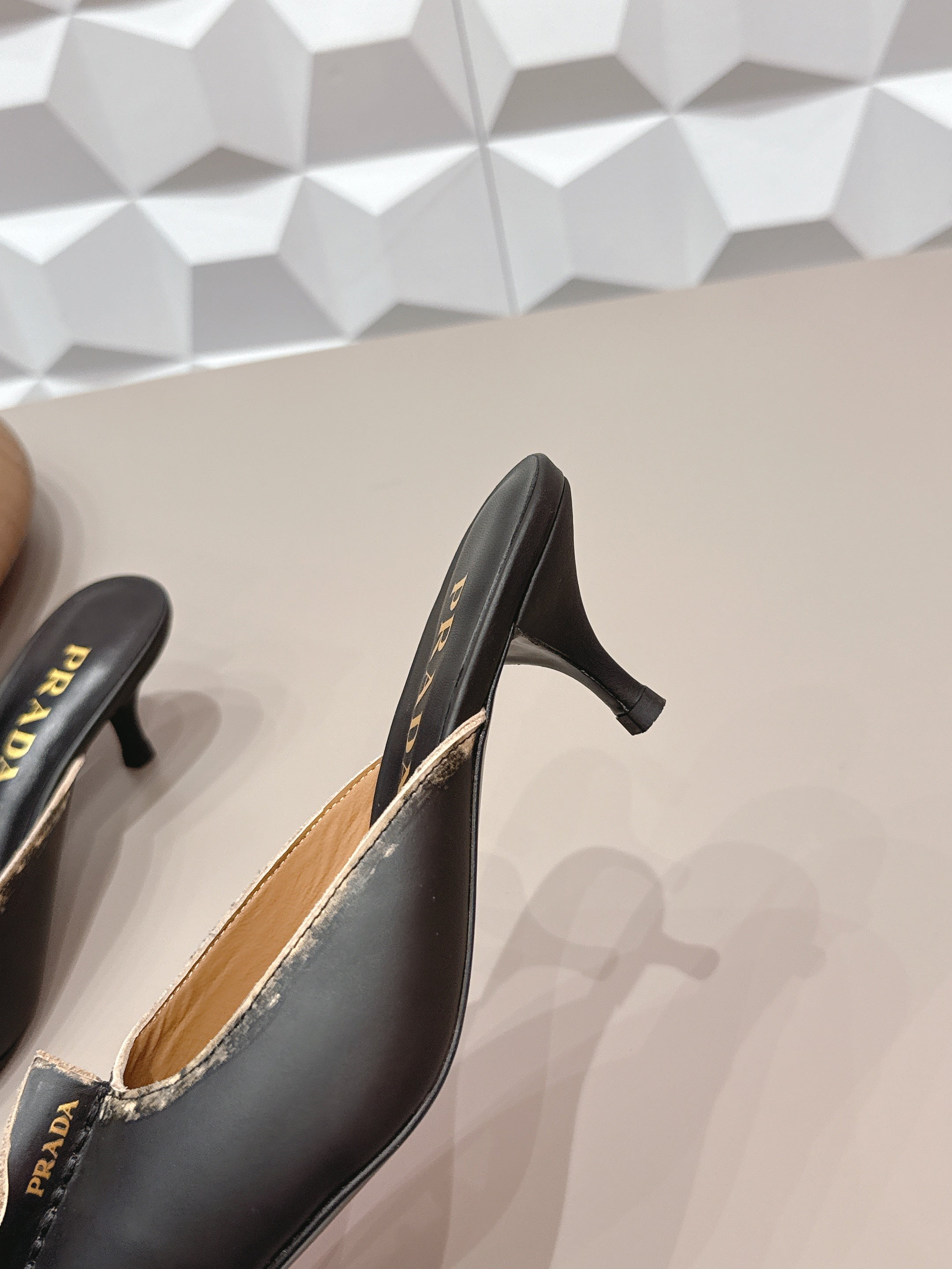 PRADA 26S POINTED TOE LACE TRIM MULES 55MM IN BLACK CALFSKIN