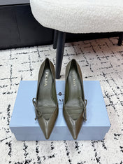 PRADA 26S POINTED-TOE HIGH HEELS 75MM IN OLIVE BROWN CALFSKIN
