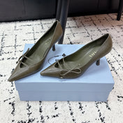 PRADA 26S POINTED-TOE HIGH HEELS 75MM IN OLIVE BROWN CALFSKIN