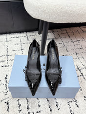 PRADA 26S POINTED-TOE HIGH HEELS 75MM IN BLACK PATENT CALFSKIN