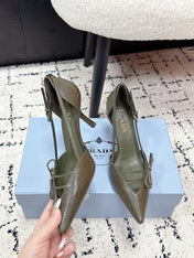 PRADA 26S POINTED-TOE HIGH HEELS 75MM IN OLIVE BROWN CALFSKIN WITH BOW