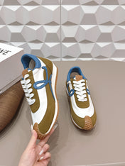 LOEWE 26S FLOW RUNNER SNEAKER IN OLIVE BROWN AND WHITE SUEDE AND BLUE CALFSKIN