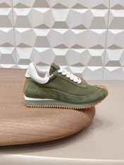 LOEWE 26S FLOW RUNNER SNEAKER IN DARK OLIVE GREEN SUEDE AND WHITE CALFSKIN