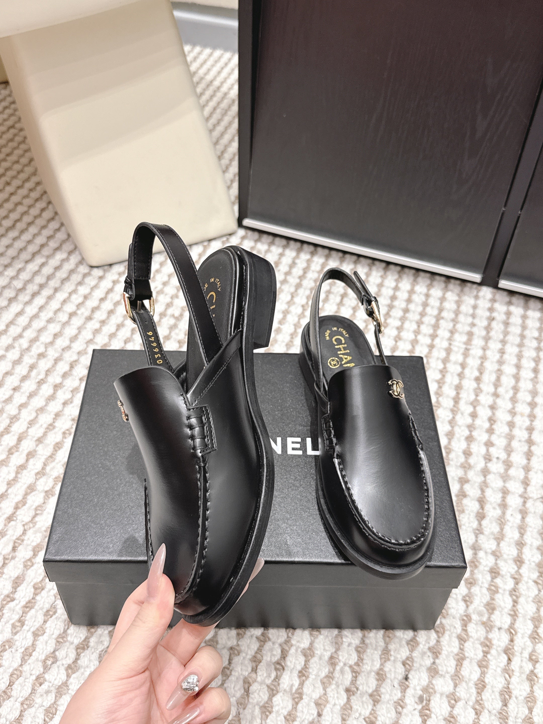 CHANEL 26S SLINGBACK LOAFERS IN BLACK CALFSKIN