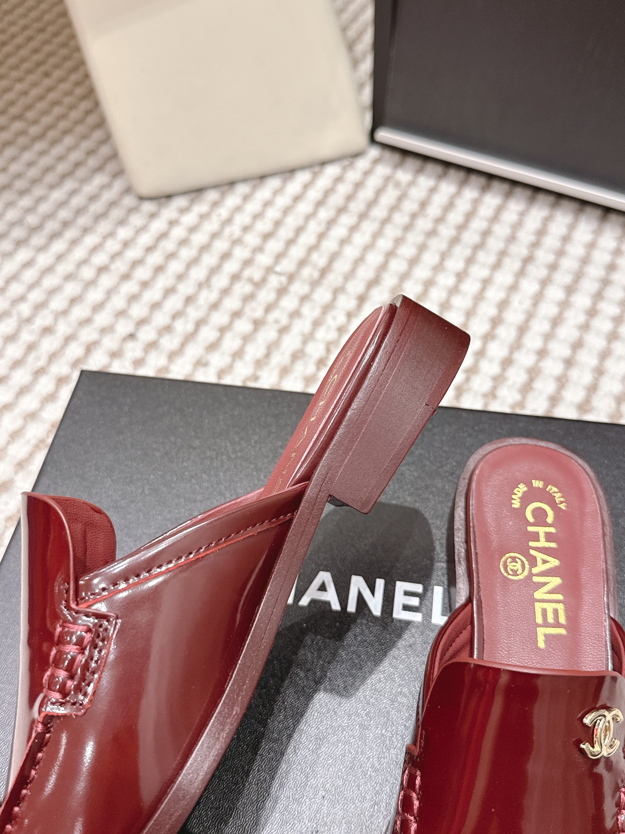CHANEL 26S LOAFER MULES IN DARK RED GLOSSY CALFSKIN