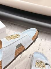LOEWE 26S FLAT SANDALS IN LIGHT BLUE LOGO GOLD HARDWARE