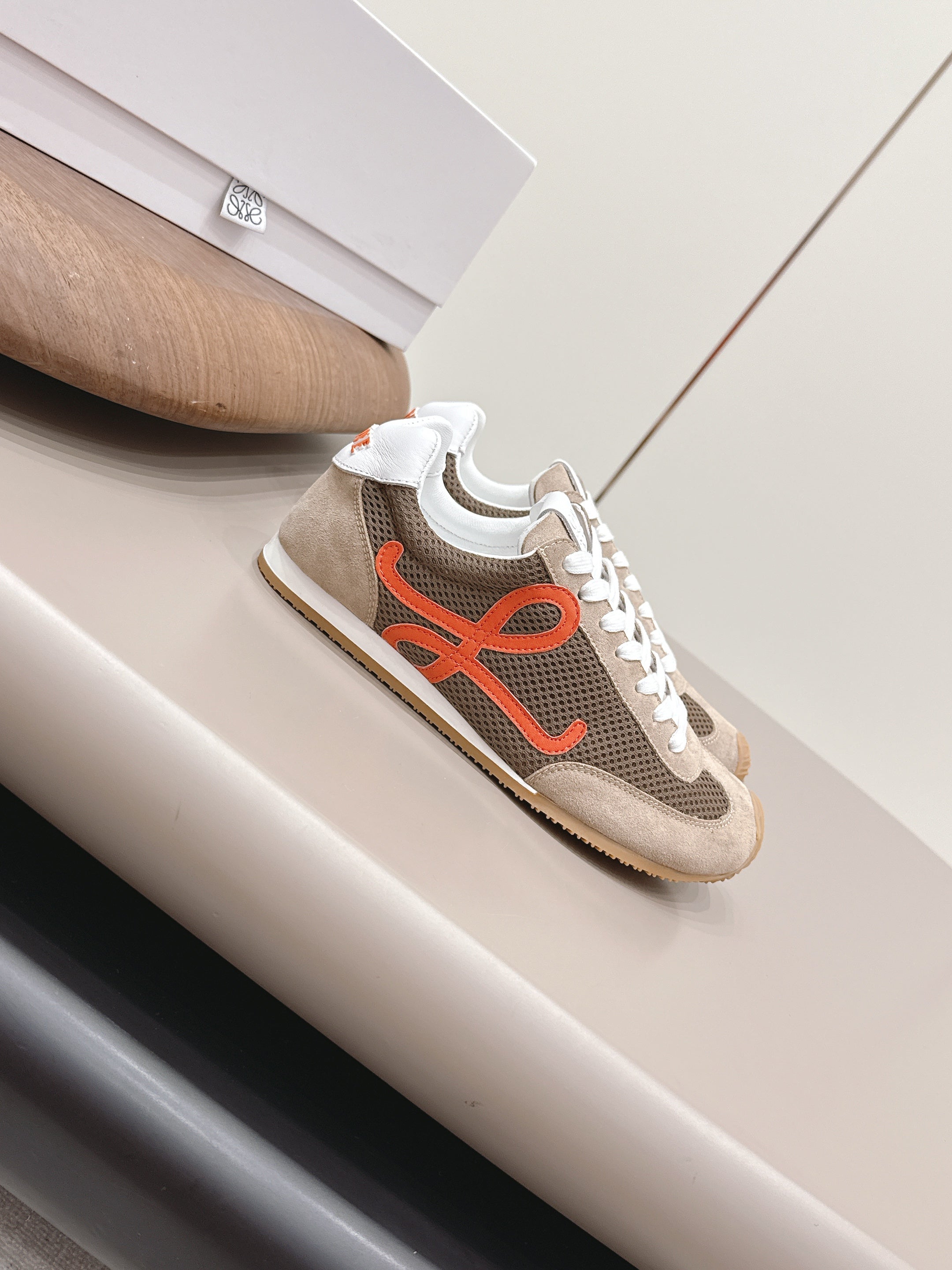 LOEWE 26S BALLET RUNNER 2.0 IN LIGHT BROWN SUEDE AND DARK BROWN MESH