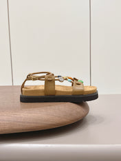 LOEWE 26S ROUND TOE WEDGE SANDALS 30MM IN TAN BROWN CALFSKIN AND SUEDE
