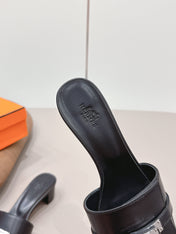 HM 26S KELLY HEEL SANDAL 50MM IN BLACK CALFSKIN SILVER HARDWARE