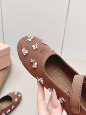 MIUMIU 26S MARY JANE BALLET FLATS IN BROWN FABRIC CRYSTAL EMBELLISHED