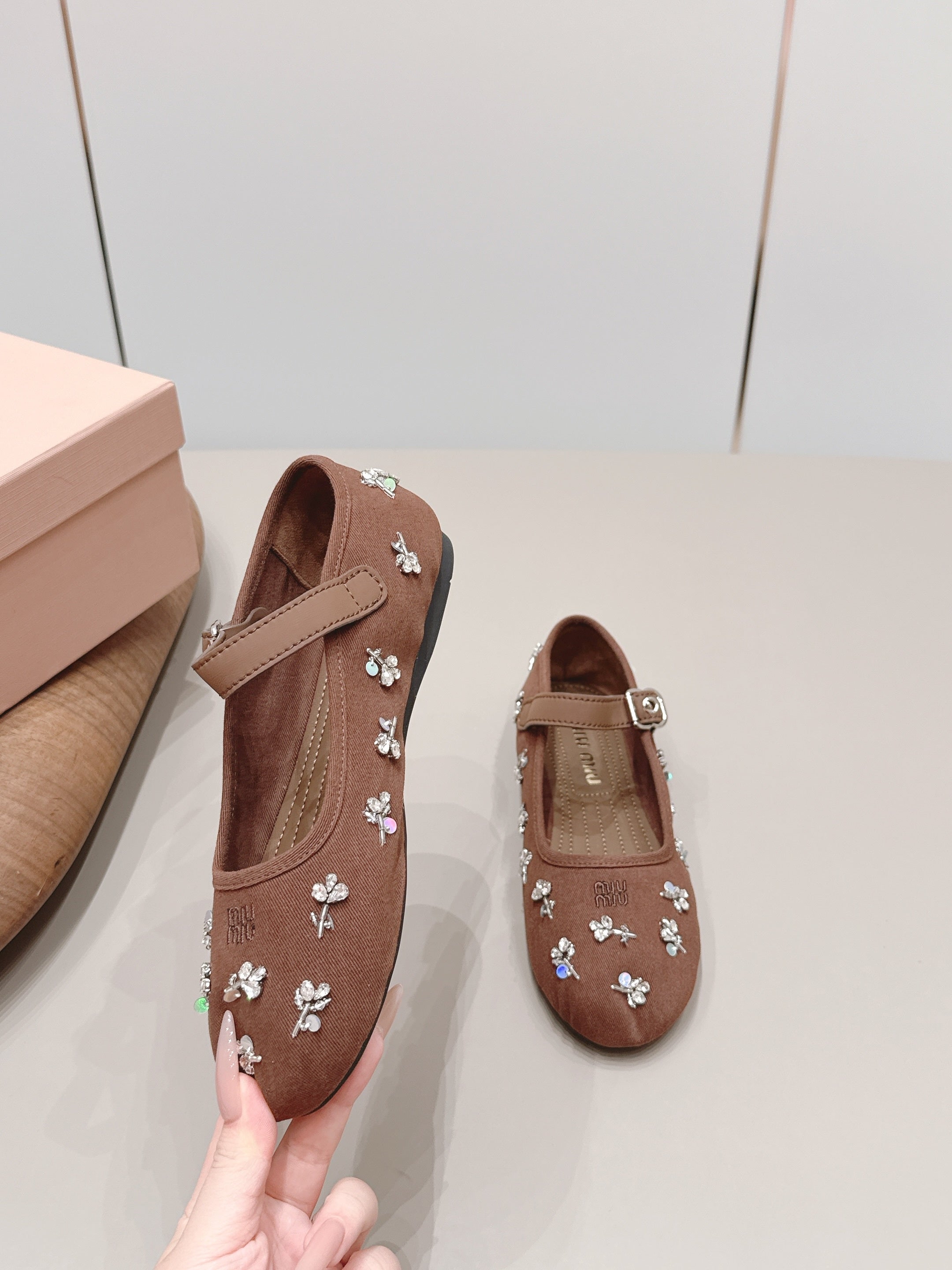 MIUMIU 26S MARY JANE BALLET FLATS IN BROWN FABRIC CRYSTAL EMBELLISHED