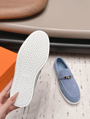 HM 26S KELLY PARIS LOAFERS IN LIGHT BLUE SUEDE SILVER HARDWARE