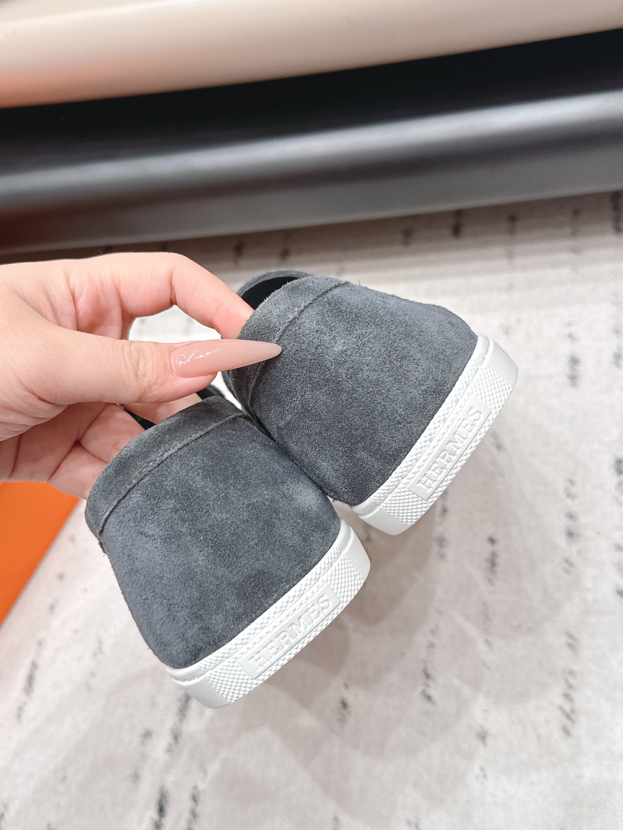 HM 26S KELLY PARIS LOAFERS IN BLUE GREY SUEDE SILVER HARDWARE