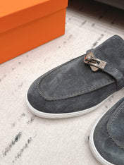 HM 26S KELLY PARIS LOAFERS IN BLUE GREY SUEDE SILVER HARDWARE