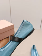 MIUMIU 26S BALLERINAS IN BLUE MESH AND BLACK CALFSKIN