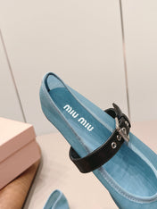 MIUMIU 26S BALLERINAS IN BLUE MESH AND BLACK CALFSKIN