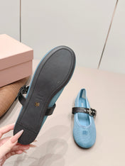 MIUMIU 26S BALLERINAS IN BLUE MESH AND BLACK CALFSKIN
