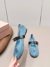MIUMIU 26S BALLERINAS IN BLUE MESH AND BLACK CALFSKIN