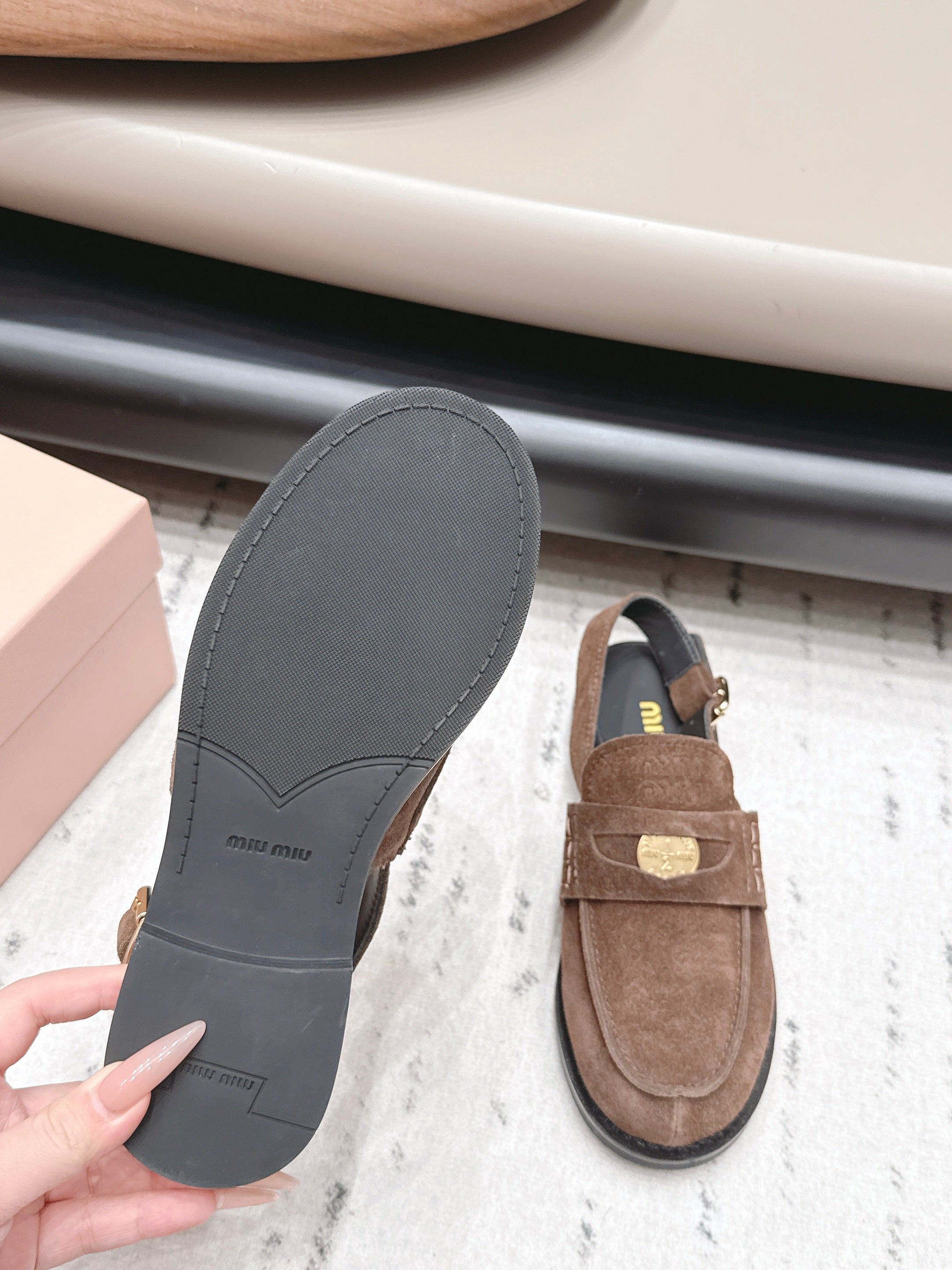 MIUMIU 26S PENNY SLINGBACK LOAFERS IN DARK BROWN SUEDE GOLD HARDWARE