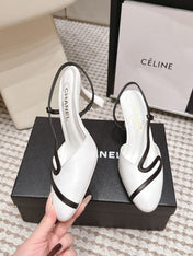 CHANEL 26S HIGH-HEEL SLINGBACKS IN WHITE CALFSKIN WITH BLACK TRIM