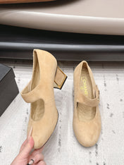 CHANEL 26S MARY JANE BLOCK HEEL PUMPS 80 MM IN BEIGE SUEDE