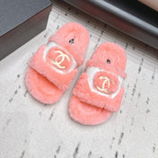 CHANEL 26S SLIDE SANDALS IN LIGHT PINK SHEARLING AND BLACK STRAP
