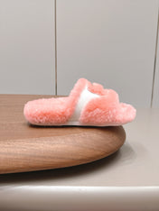 CHANEL 26S SLIDE SANDALS IN LIGHT PINK SHEARLING AND BLACK STRAP