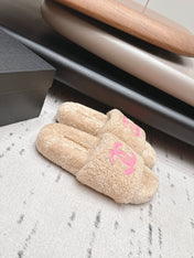 CHANEL 26S SLIDE MULES IN BEIGE SHEARLING AND PINK CC LOGO