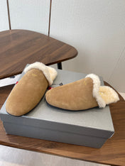 PRADA 25S CLOGS IN LIGHT BROWN SUEDE FUR-LINED
