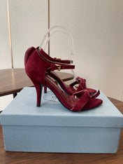 PRADA 26S HIGH HEEL SANDALS 85MM IN BURGUNDY RED SUEDE WITH BOW