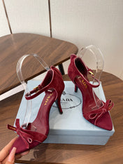 PRADA 26S HIGH HEEL SANDALS 85MM IN BURGUNDY RED SUEDE WITH BOW