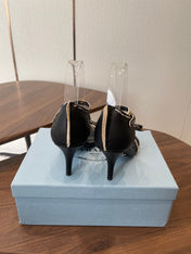 PRADA 26S HIGH HEEL SANDALS 85MM IN BLACK CALFSKIN WITH BOW