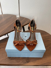PRADA 26S HIGH HEEL SANDALS 85MM IN CARAMEL BROWN SUEDE WITH BOW