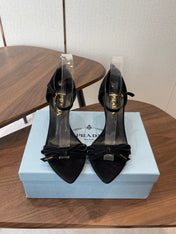 PRADA 26S HIGH HEEL SANDALS 85MM IN BLACK SUEDE WITH BOW