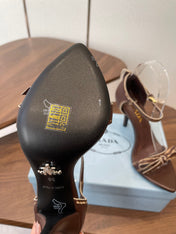 PRADA 26S HIGH HEEL SANDALS 85MM IN CHOCOLATE BROWN CALFSKIN WITH BOW