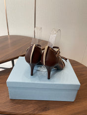PRADA 26S HIGH HEEL SANDALS 85MM IN CHOCOLATE BROWN CALFSKIN WITH BOW