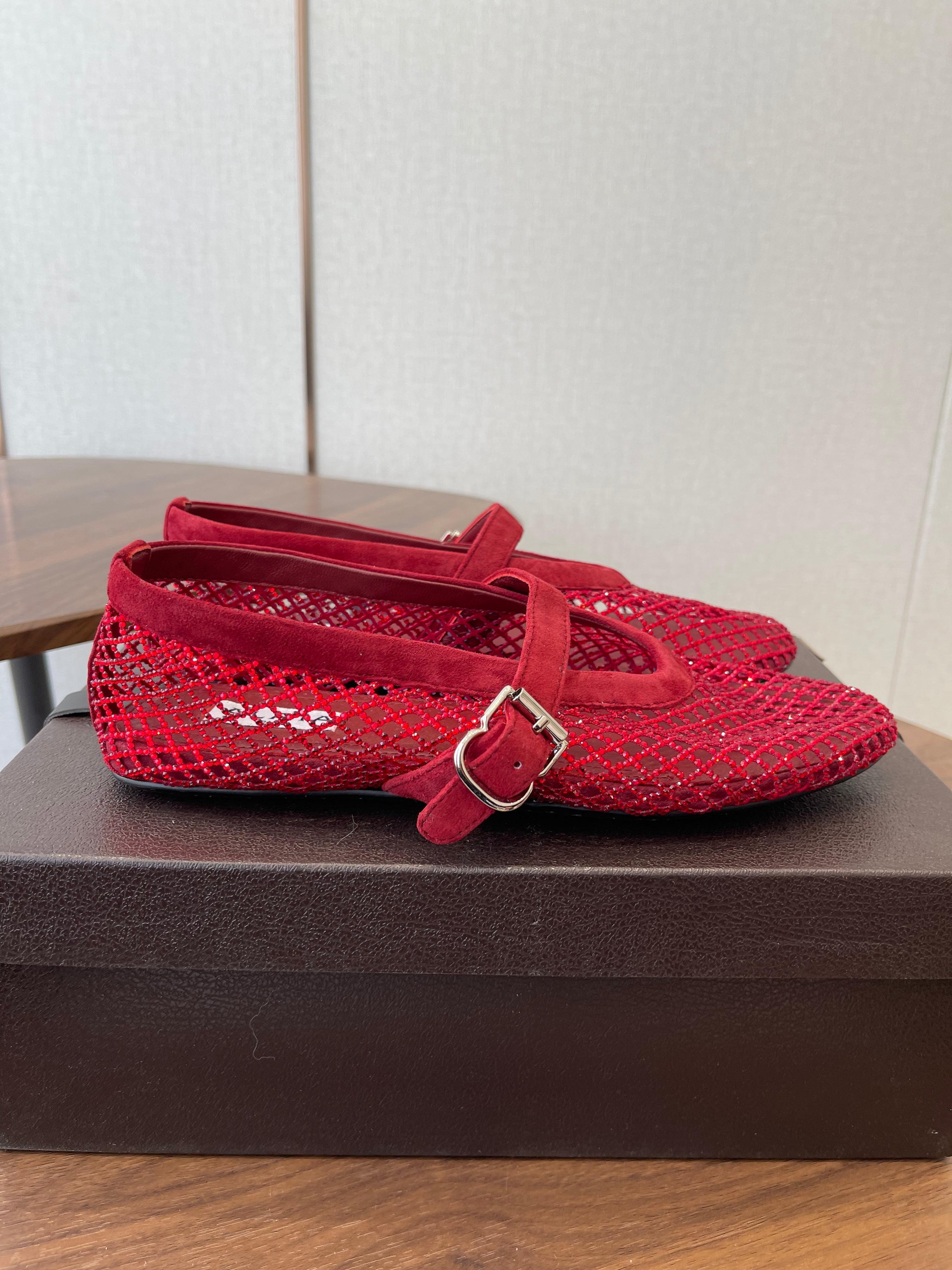 ALAIA 26S MESH FLATS IN DARK RED SUEDE RHINESTONE-EMBELLISHED