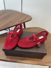 ALAIA 26S MESH FLATS IN DARK RED SUEDE RHINESTONE-EMBELLISHED