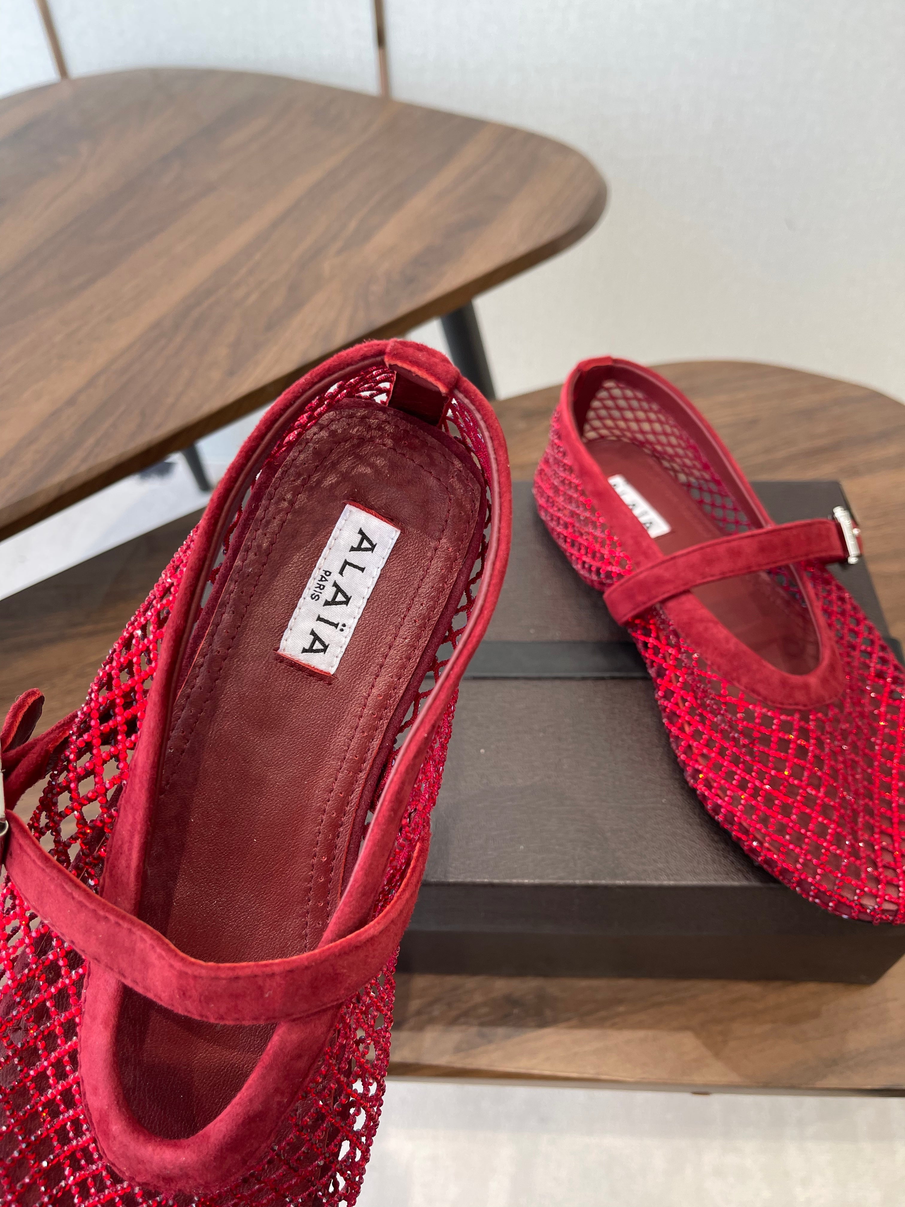 ALAIA 26S MESH FLATS IN DARK RED SUEDE RHINESTONE-EMBELLISHED