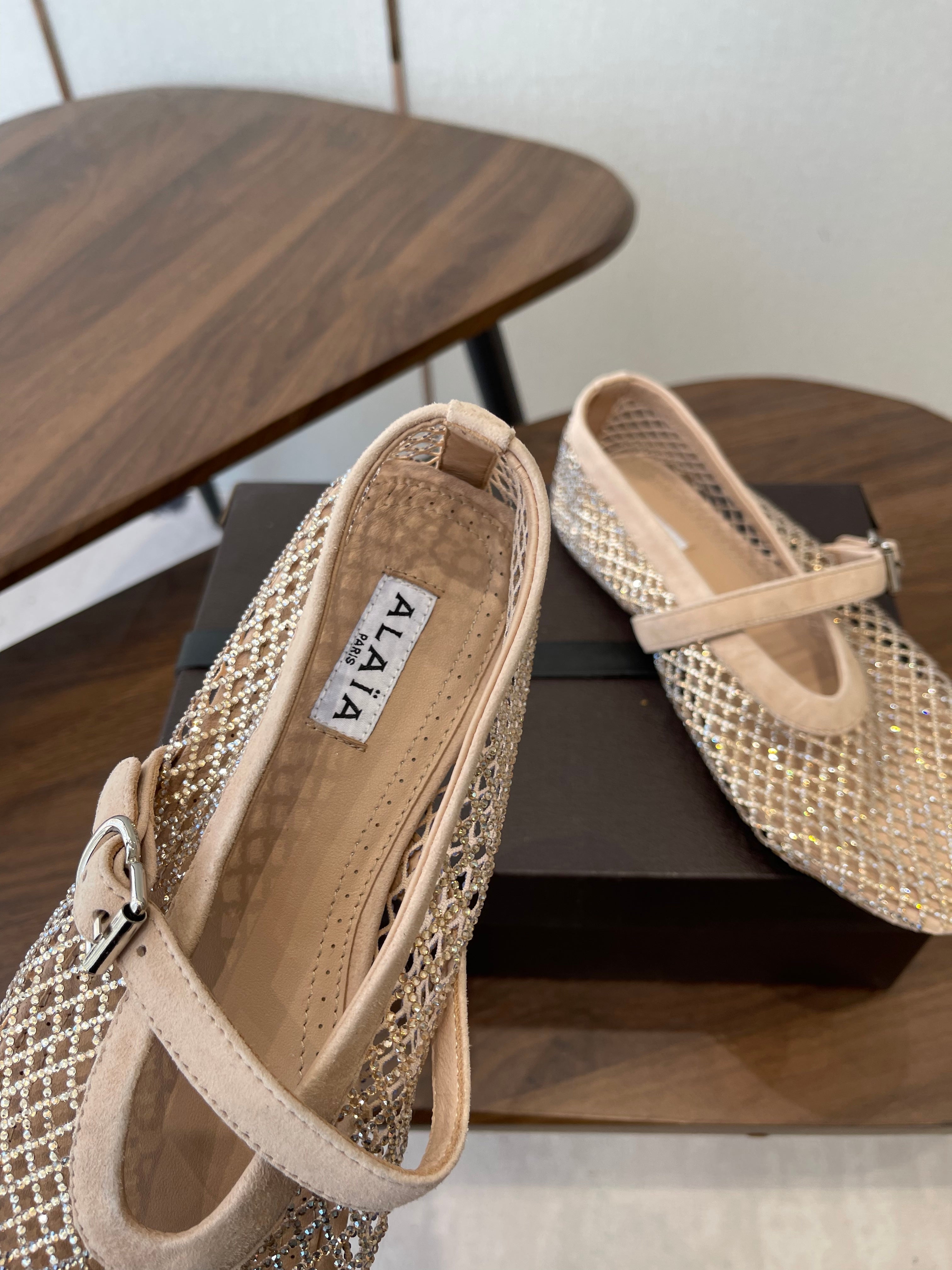 ALAIA 26S MESH FLATS IN BEIGE SUEDE RHINESTONE-EMBELLISHED