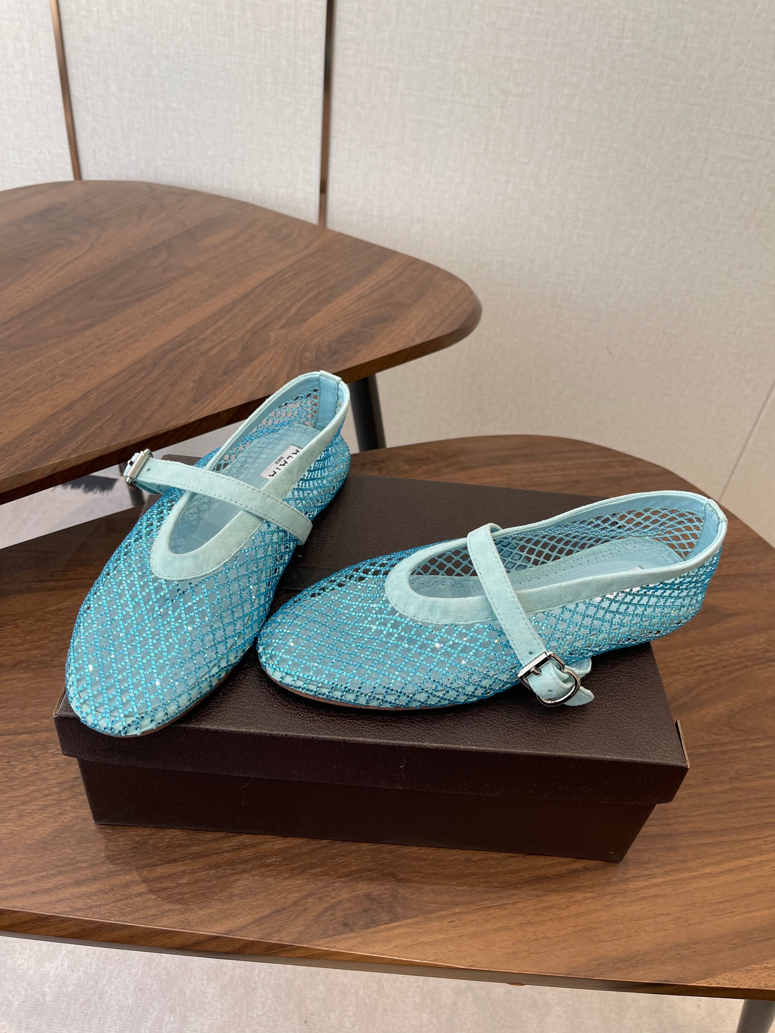 ALAIA 26S MESH FLATS IN BLUE SUEDE RHINESTONE-EMBELLISHED